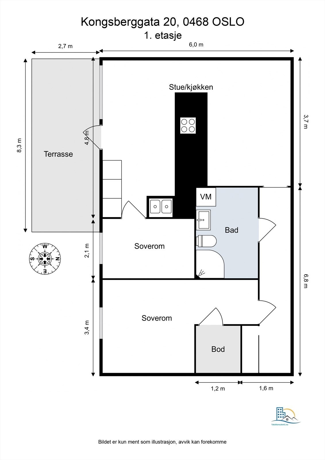 Plantegning. I tillegg disponerer leiligheten en bod i samme etasje på ca. 4,7 kvm. Galleribilde
