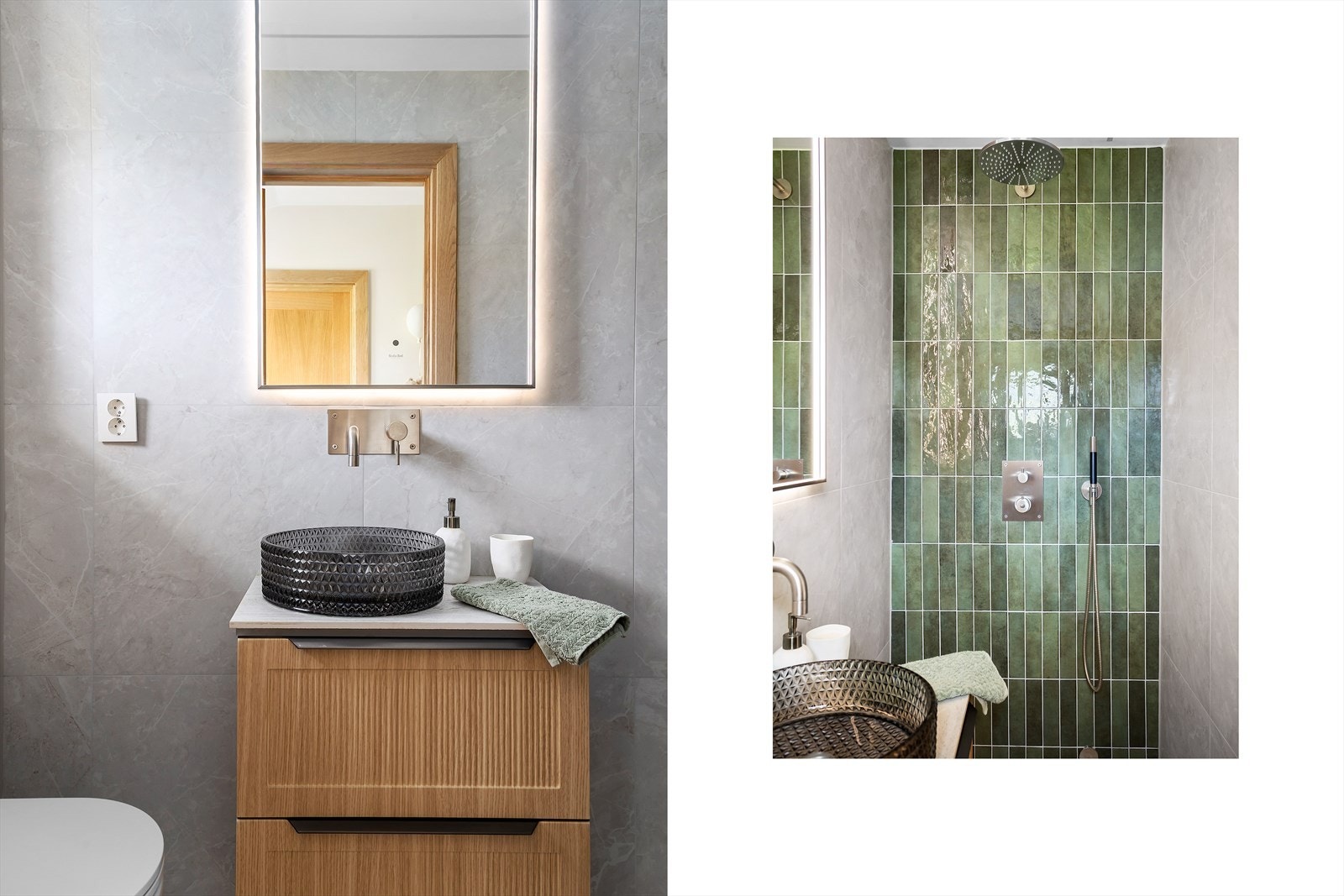 Lekkert og plassutnyttende baderom pusset opp i 2024 av Norsk Rørservice. Rommet er innredet med lyse 60x60 cm fliser på gulv med gulvvarme, samt en kombinasjon av grønne og lyse rektangulære veggfliser. Galleribilde