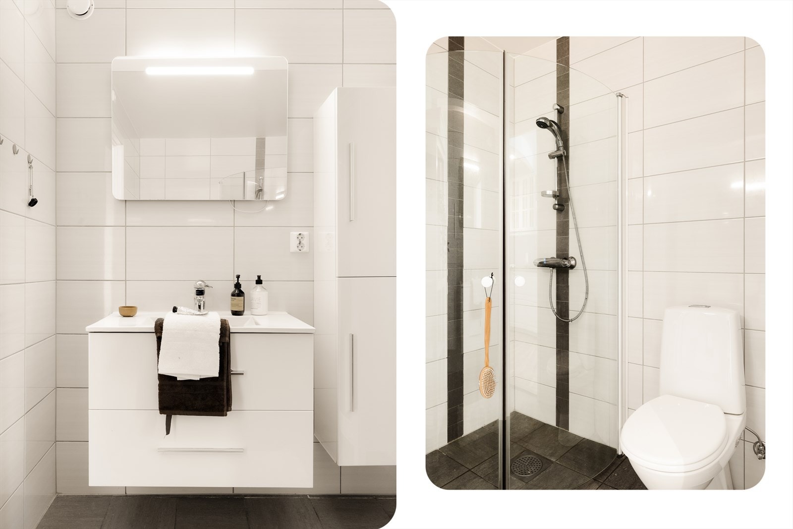Badet er utstyrt med toalett, helstøpt servant, skuffer under servant med slette fronter for oppbevaring og dusjdører i klart glass Galleribilde