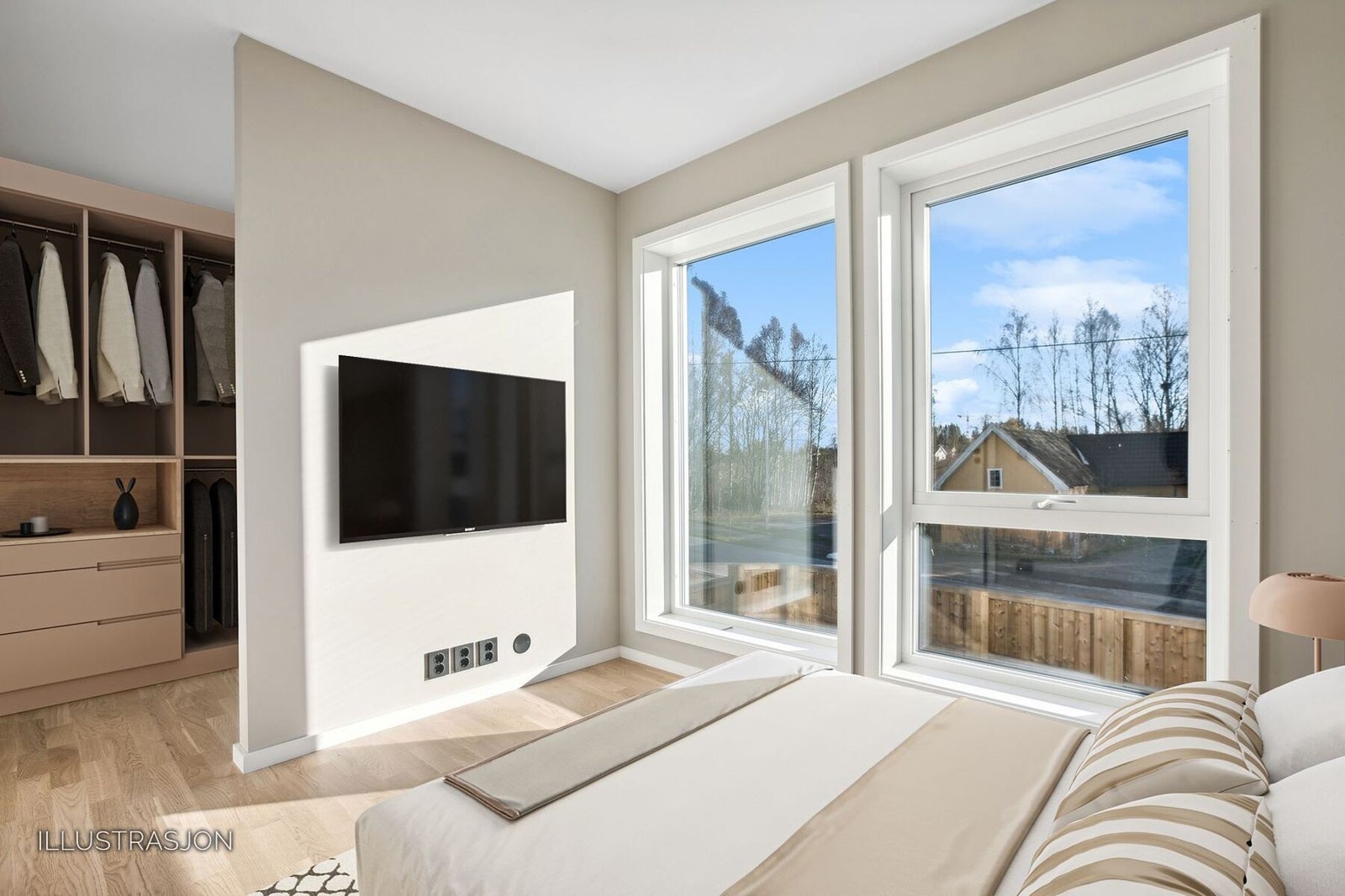 Hovedsoverommet har en praktisk og gjennomført utforming som gir følelsen av en egen walk-in garderobe - her ligger alt til rette for orden i hverdagen. Galleribilde