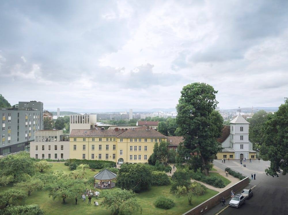 Slik vil det se ut når byggeprosessen utenfor boligen er over. Nybygget (her i hvitt) vil bli rødt. Bildet er laget av Transborder Studio. Galleribilde