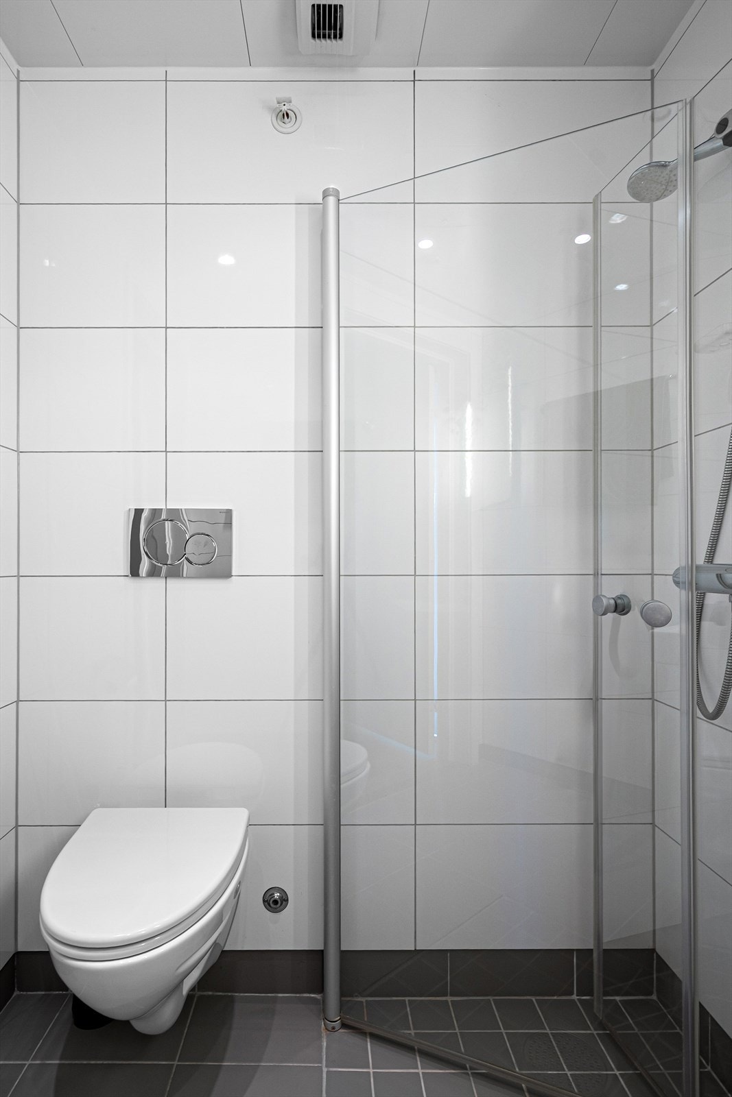 Her finner du en dusj med innsvingbare glassdører som sparer plass når den ikke er i bruk - en smart og plassbesparende løsning. I tillegg er badet utstyrt med vegghengt toalett, servant med underskap og speil med integrert belysning. Galleribilde