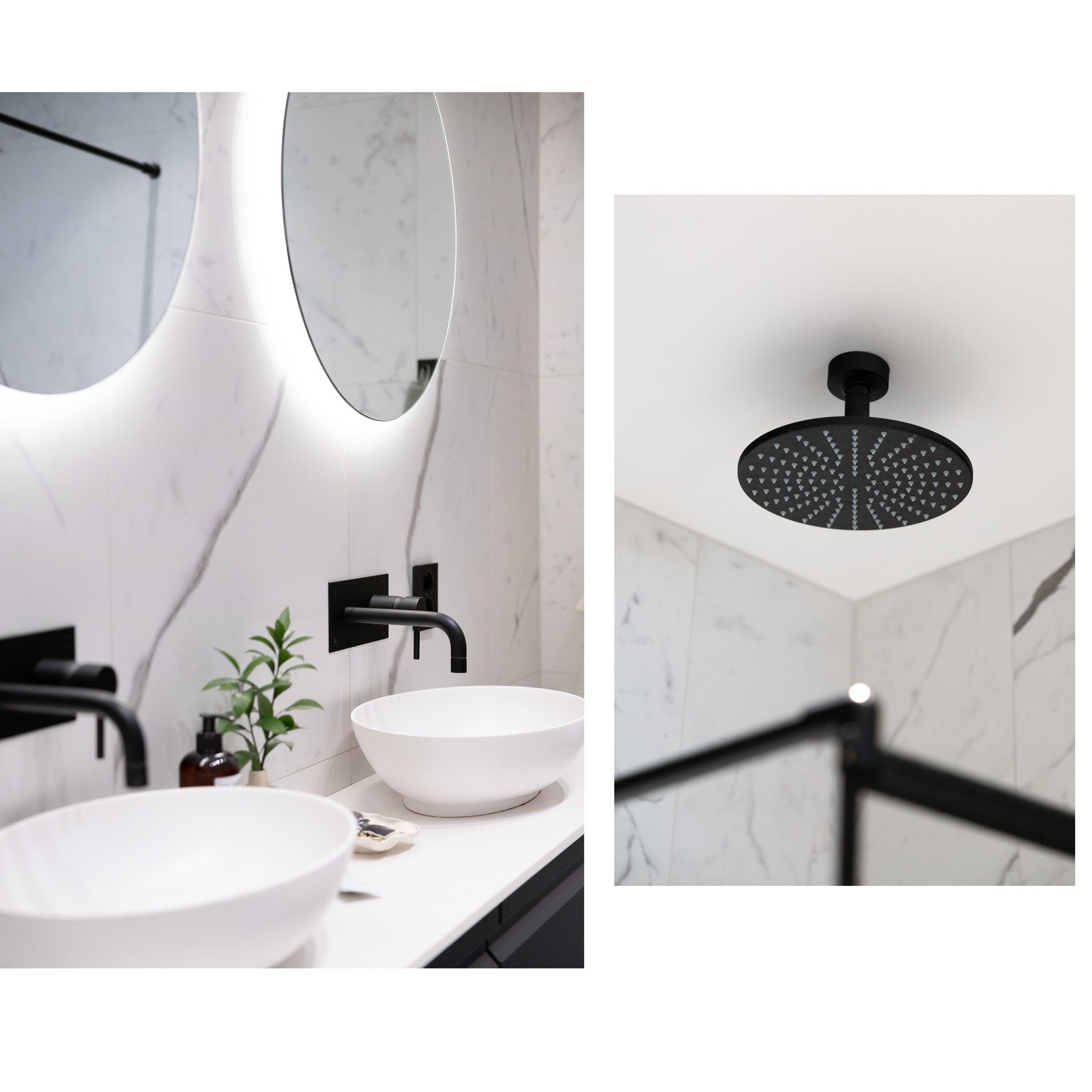 Innebygde dusjarmaturer og regnfallsdusj fra Tapwell. Det er også montert høytaler i tak. Galleribilde