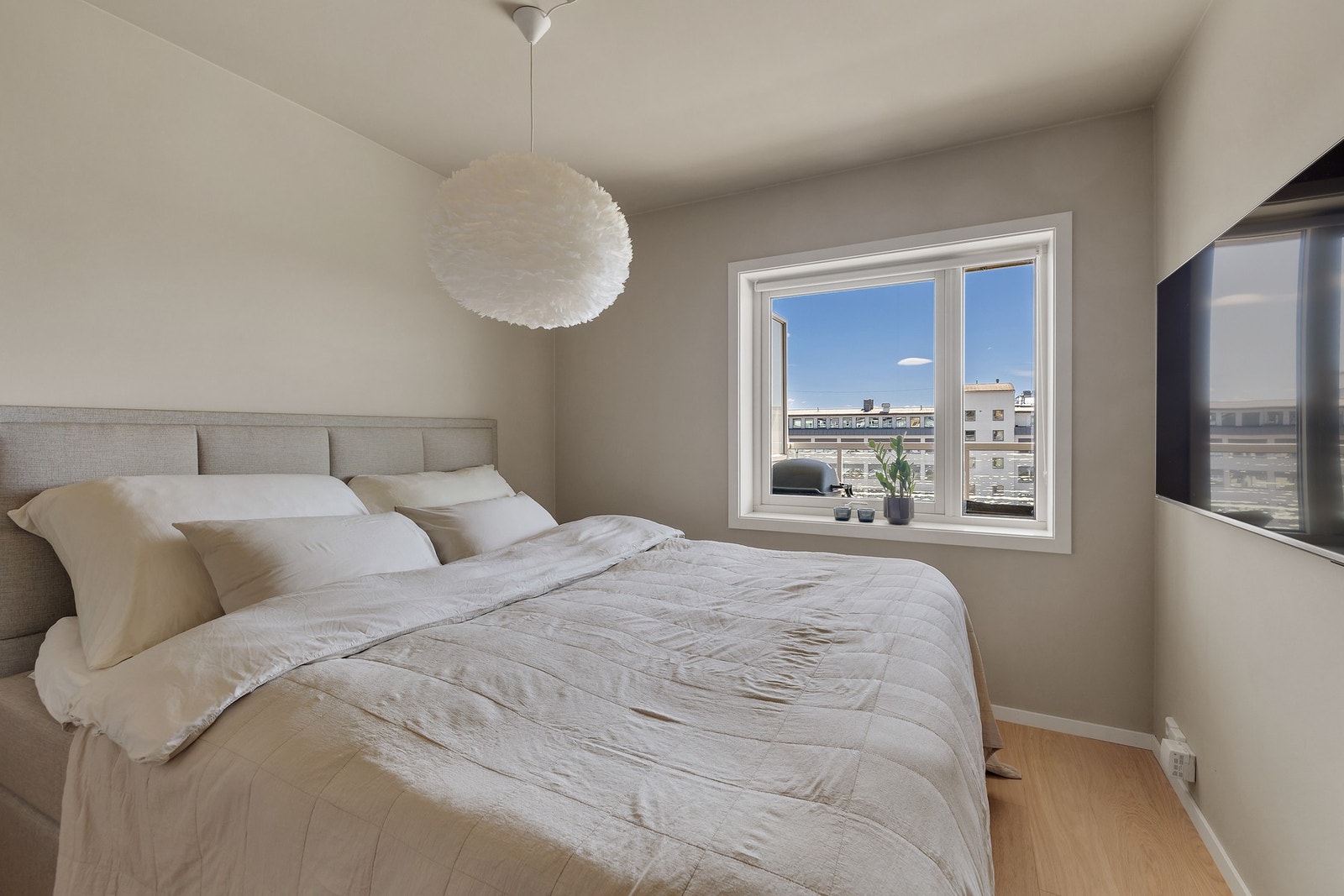 Lune farger på vegger og hyggelig utsyn fra vinduet. Galleribilde