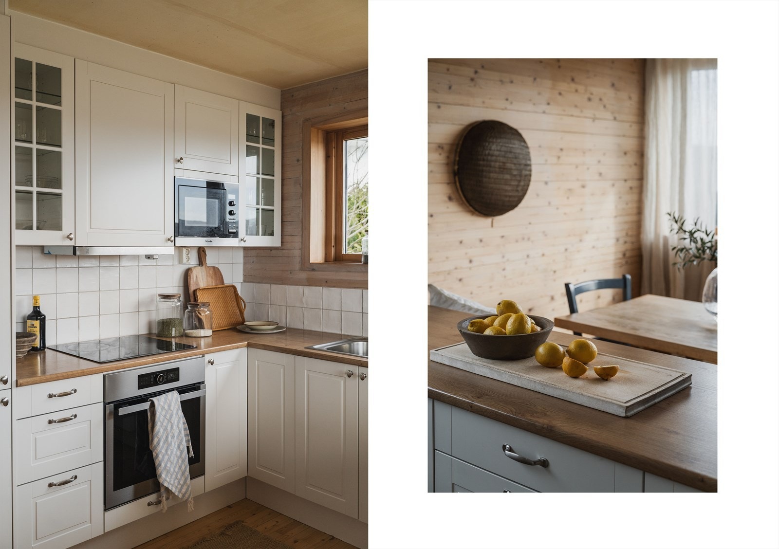 Sigdal kjøkkeninnredning fra 2018 med profilerte fronter, fliser på vegg over benkeskap og laminat benkeplate Galleribilde