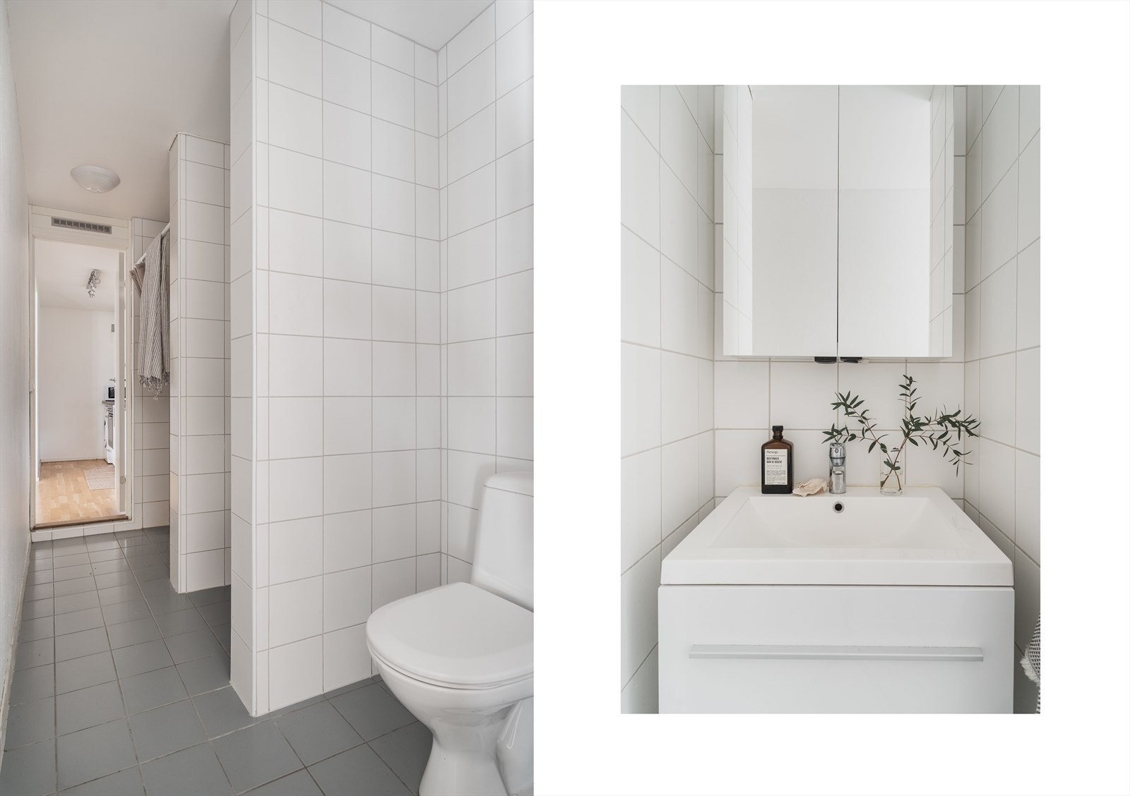 Helfliset baderom som er utstyrt med servant med innredning, dusj på gulv og gulvstående klosett Galleribilde