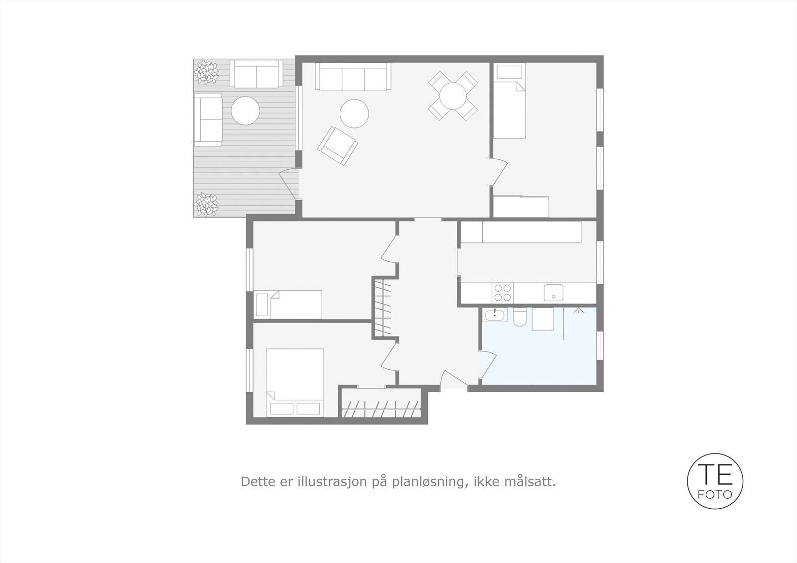 Praktisk planløsning med 3 soverom (10,7 m², 10,1 m² og 8,0 m²), separat kjøkken på 8,1 m² og romslig stue på 20,6 m². Galleribilde