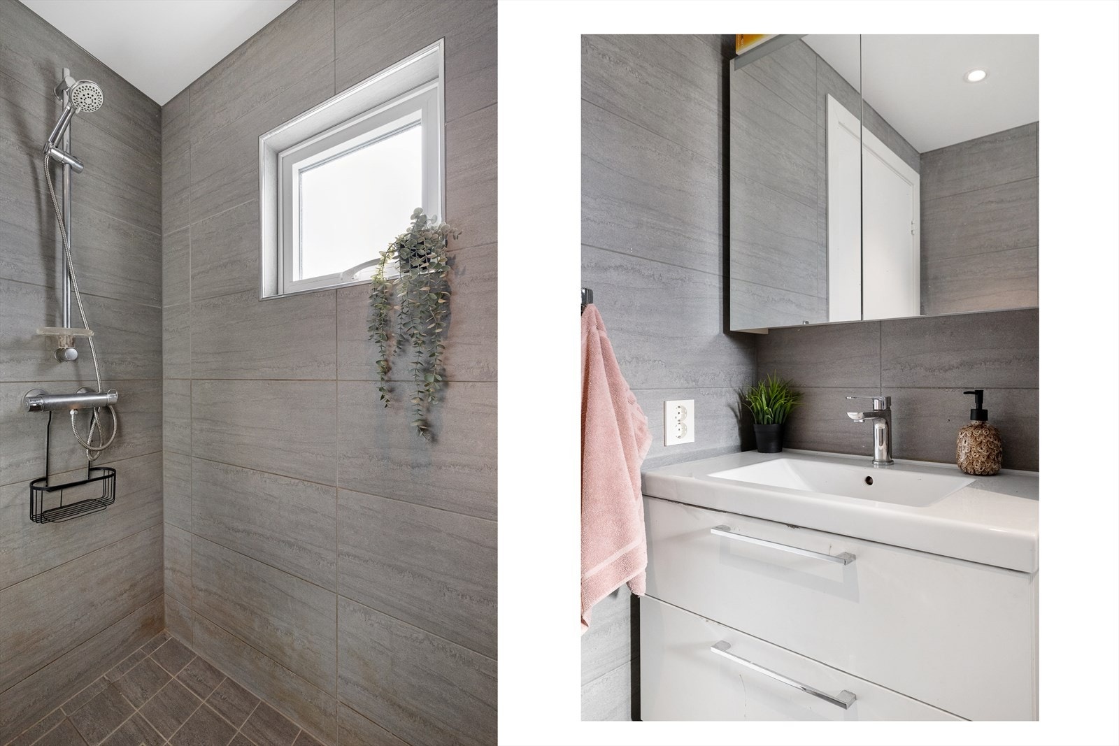 Badet har røropplegg for vaskemaskin og skap/sentral for rør i rør system. Galleribilde