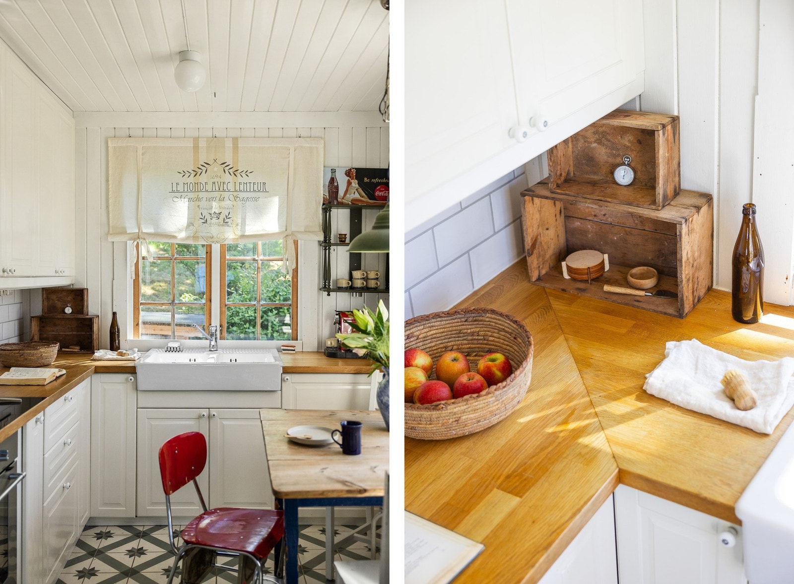 Innredningen på kjøkkenet er fra 2013 og har profilerte fronter og benkeplate av tre og fliser med nedfelte oppvaskkummer. Galleribilde