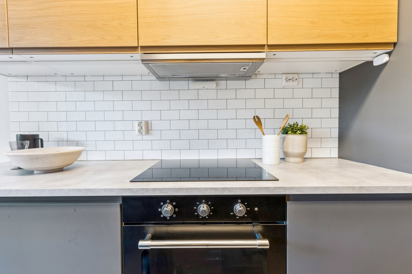 Kjøkkenet har hvitevarer som kjøl/fryseskap, oppvaskmaskin, induksjonstopp, stekeovn og komfyrvakt. Galleribilde