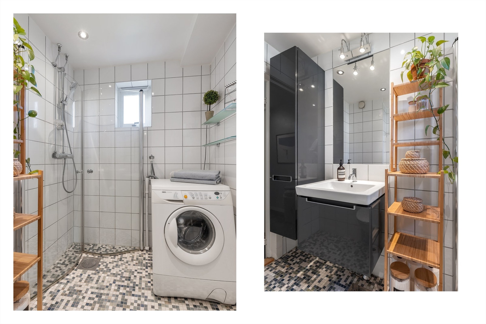 Badet er innredet med vegghengt klosett, servant med innredning, innfelt speil, håndkletørker og dusjhjørne med svingbare glassdører. Det er både plass og opplegg for vaskemaskin og tørketrommel. Galleribilde