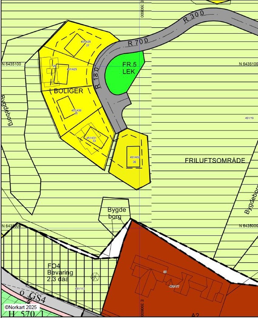 Reguleringskart som viser tomten (nr. 35) som er regulert til bolig. Galleribilde