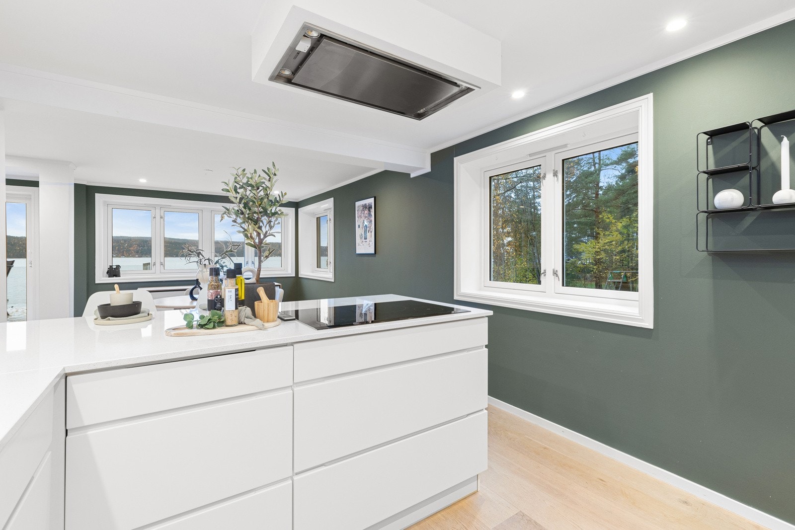 1- stavs parkett på gulv, malte glatte flater på vegger og himling - downlights Galleribilde
