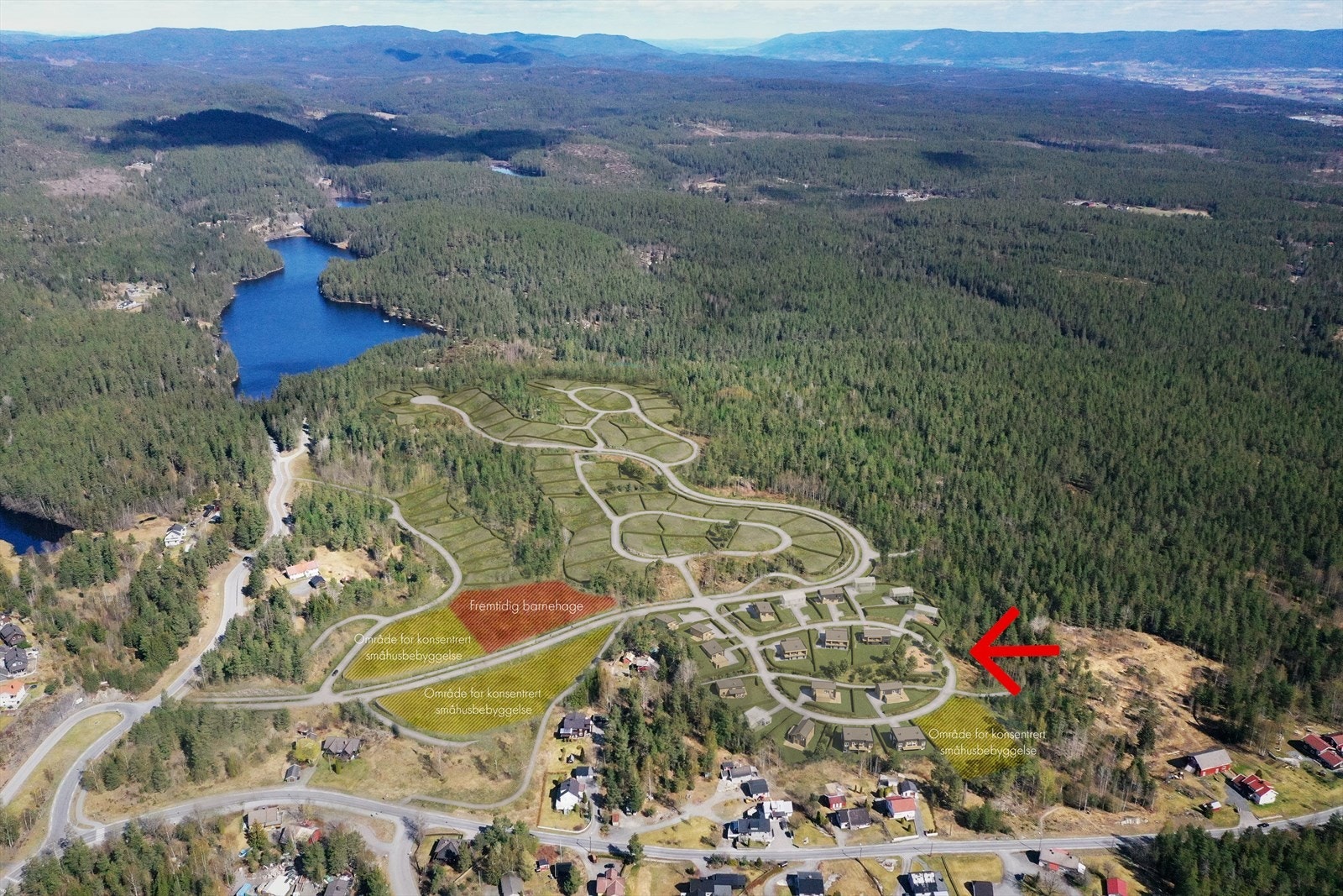 Oversiktsbilde der A2 feltet er vist med hus illustrasjoner Galleribilde