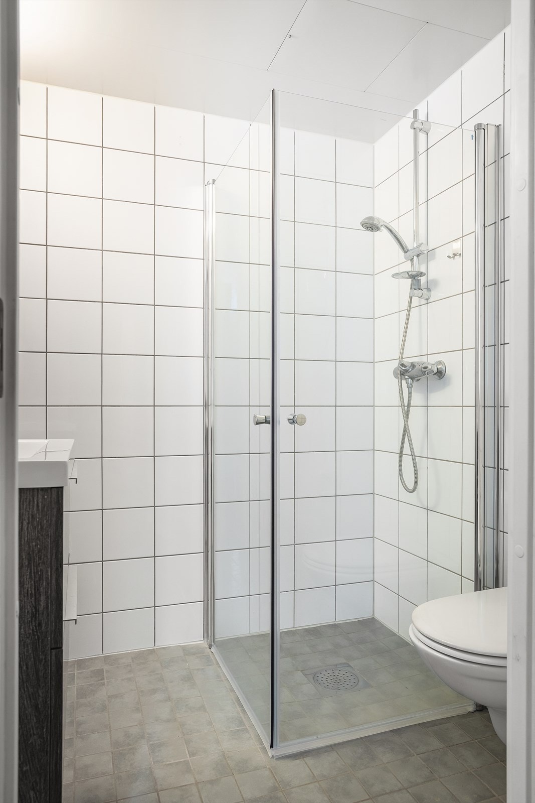 Innredet med dusjnisje, vegghengt toalett og servant med innredning Galleribilde