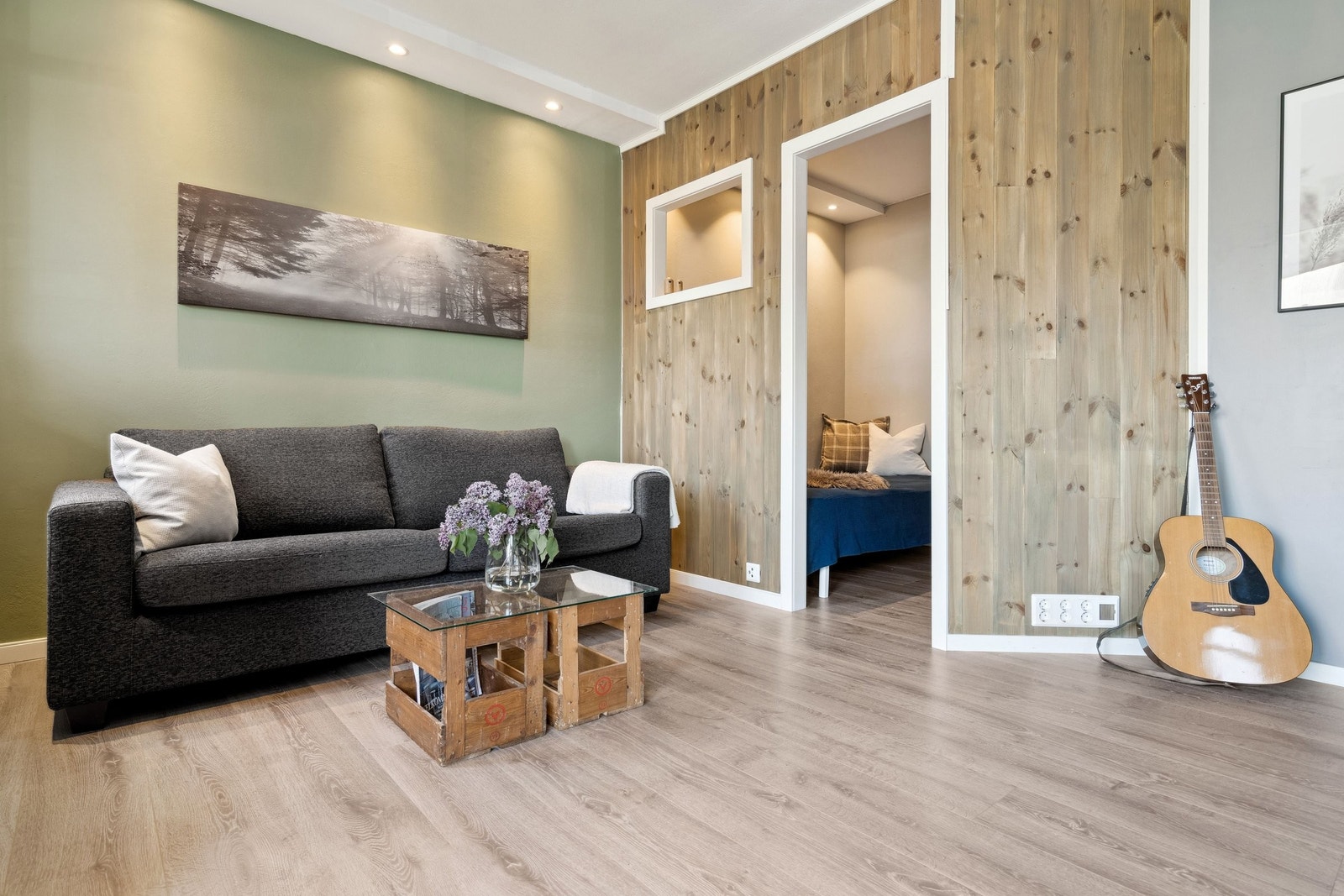 Stue og sovealkove med downlights i taket Galleribilde