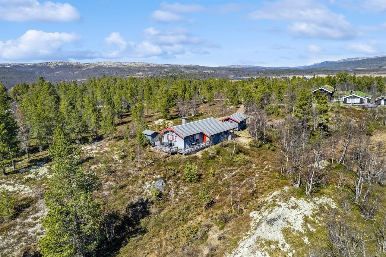 Hytta ligger fint til i terrenget. Galleribilde