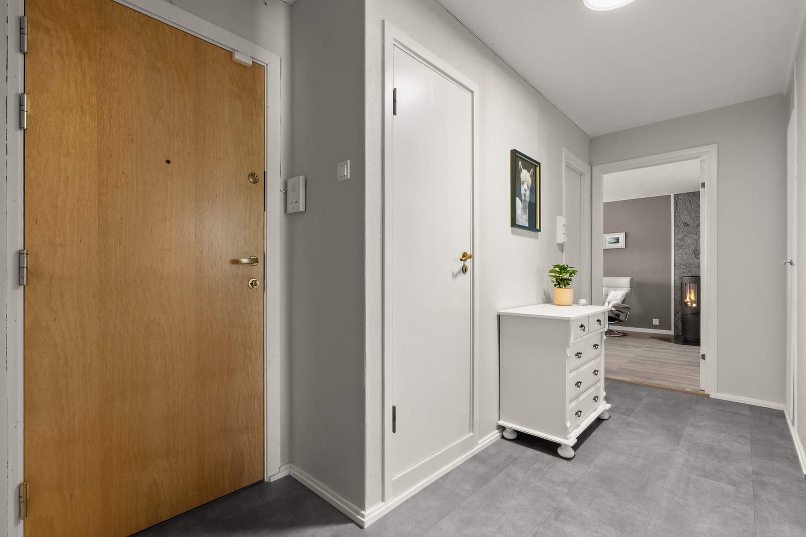 Leiligheten ligger i tredje etasje og har adkomst via en felles trappeoppgang. Vel inne er gangen innredet med grå laminatfliser på gulvet. Boligen disponerer hele tre kjellerboder. Galleribilde