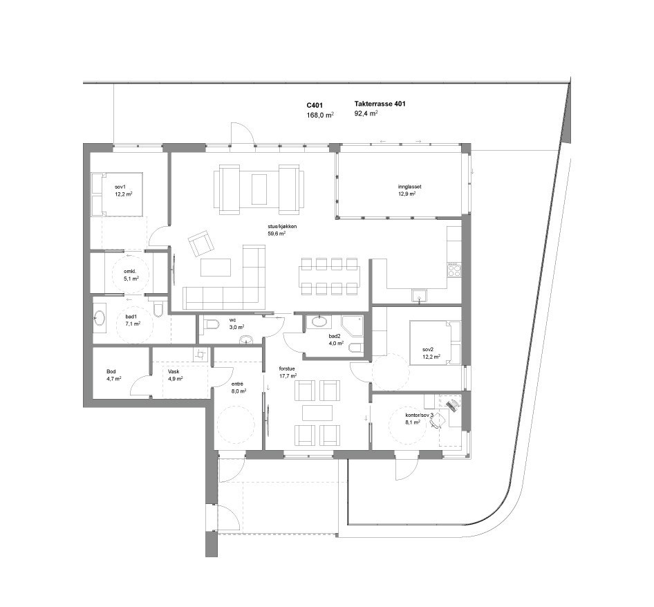 Plantegning leil C401 - Tegningen viser omtrentlige mål og kan avvike fra faktisk areal, se oppmåling for mer nøyaktige areal. Galleribilde