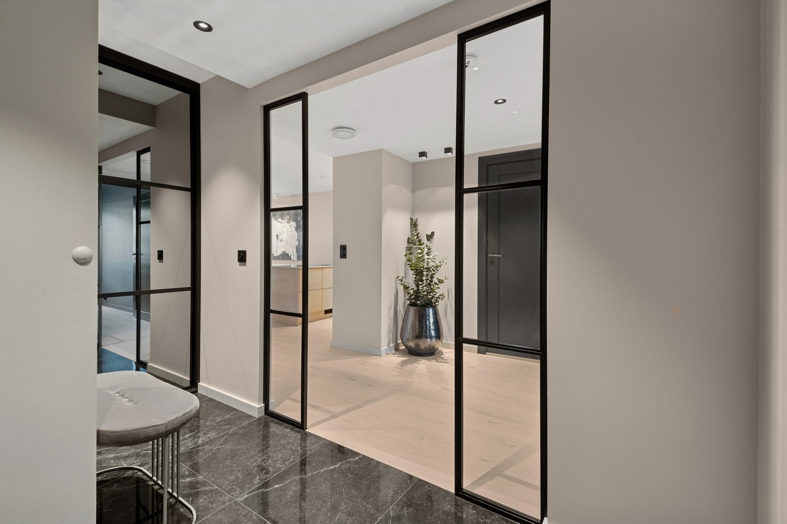 Romslig gang med smijernsdører med glass og stilige fliser på gulv. Galleribilde