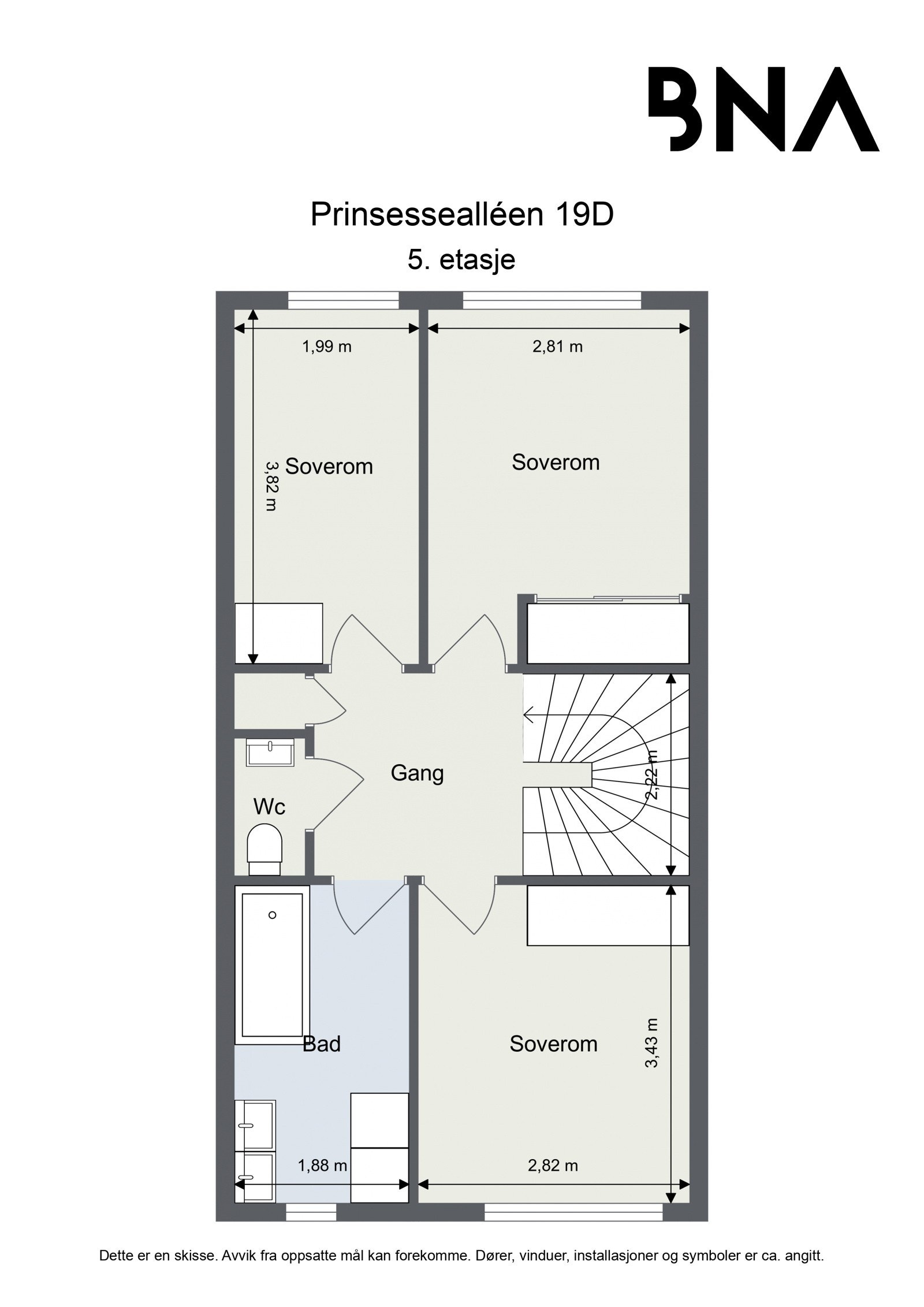 Plantegning 5. etasje. Leiligheten disponerer også en kjellerbod ca. 6 kvm Galleribilde