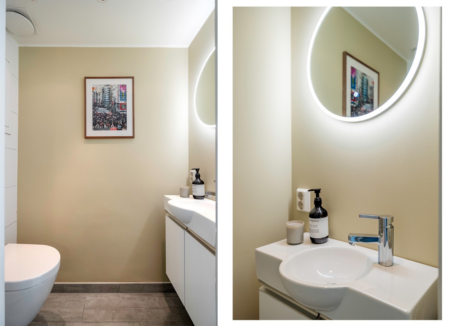 Toalettrommet ligger vegg i vegg med badet og er utstyrt med toalett, servantinnredning og speil med belysning Galleribilde