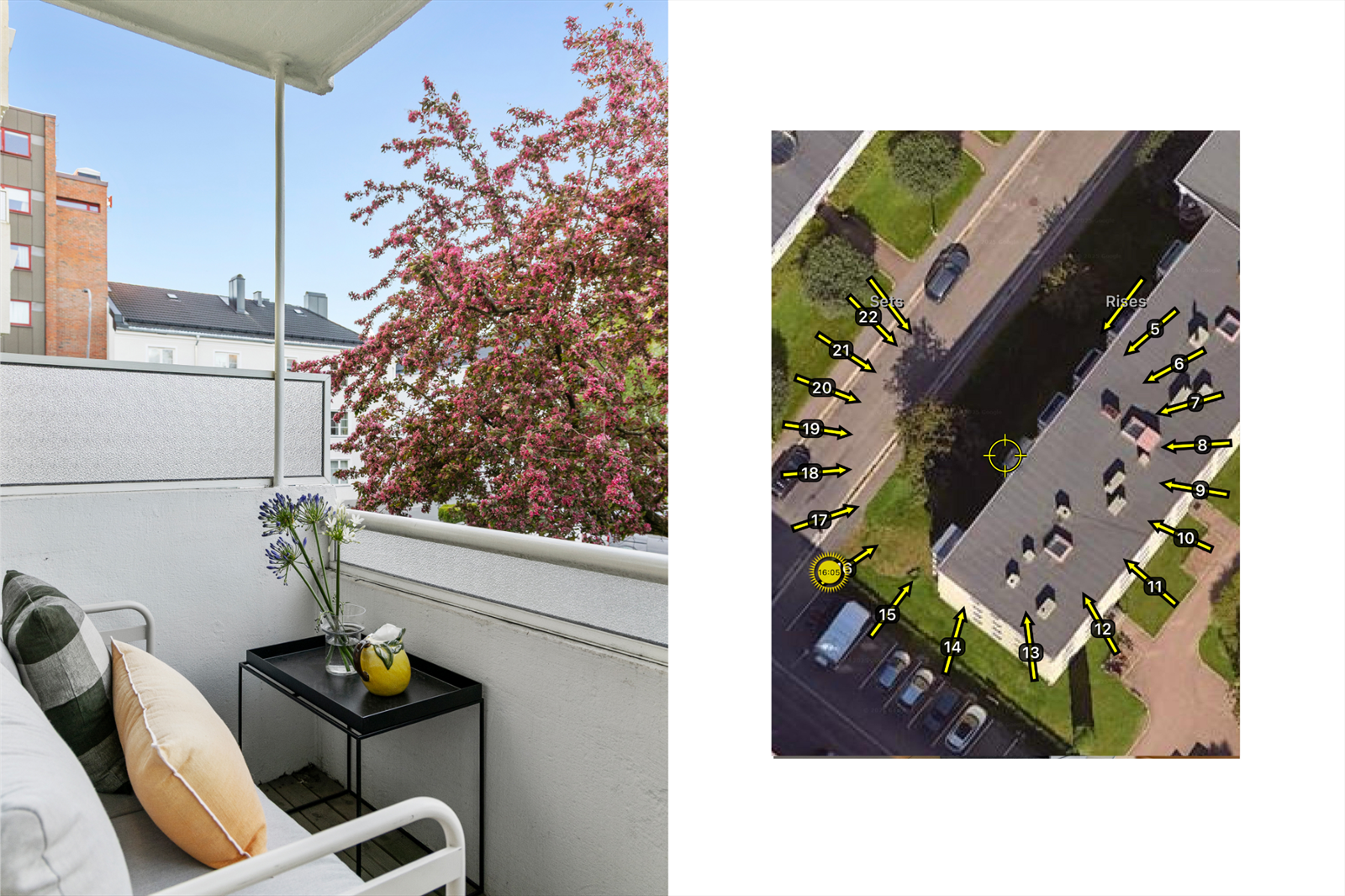 Balkongen er på litt under 4 m² og har plass for utemøblement, grill og beplantning. Se lenke for interaktivt solkart på annonsen under "Nyttige lenker". Galleribilde