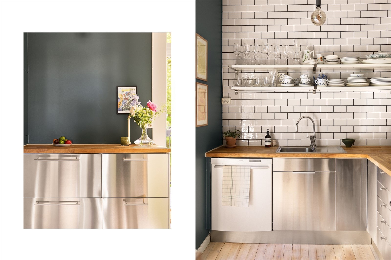 Kjøkkenet har særdeles god skap- og benkeplass med to separate arbeidsstasjoner. Benkeplate i tre og fliser over benk. Galleribilde