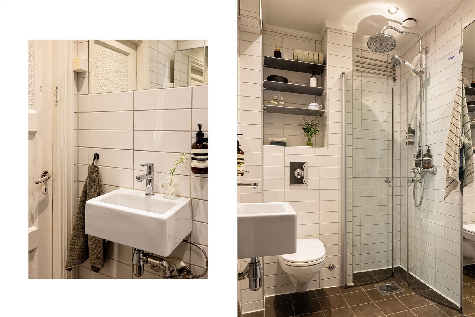 Delikat og pent baderom fra 2007 med elektriske varmekabler på gulv og praktiske innebygde hyller for oppbevaring. Galleribilde