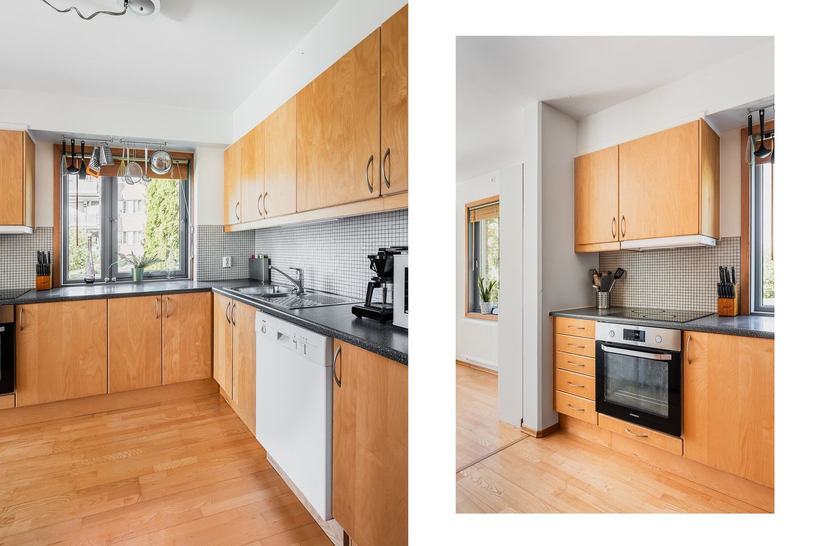 Lyst og praktisk rom med naturlig tilknytning til spiseplass i stuen. Galleribilde