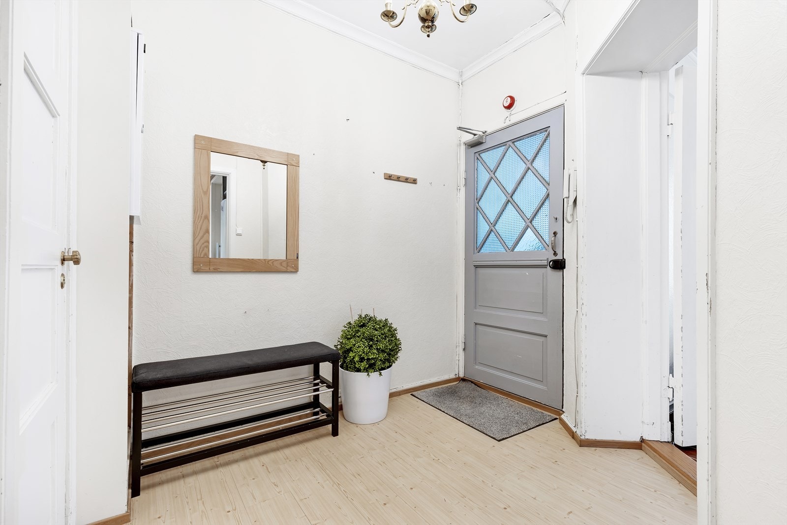 Romslig inngangsparti med inngangsdør i tre og glass. God plass til diverse møblement for lagring. Galleribilde