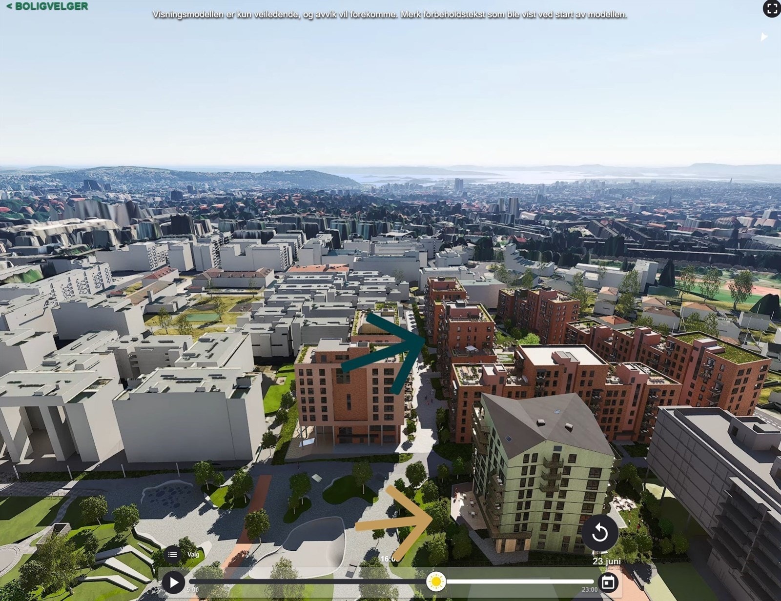 Sinsenveien 47D: grønn pil. Delingsfunksjoner i hus B: gyllen pil. Gjesterom, kontor, felles terrasse mv. 2026. Galleribilde