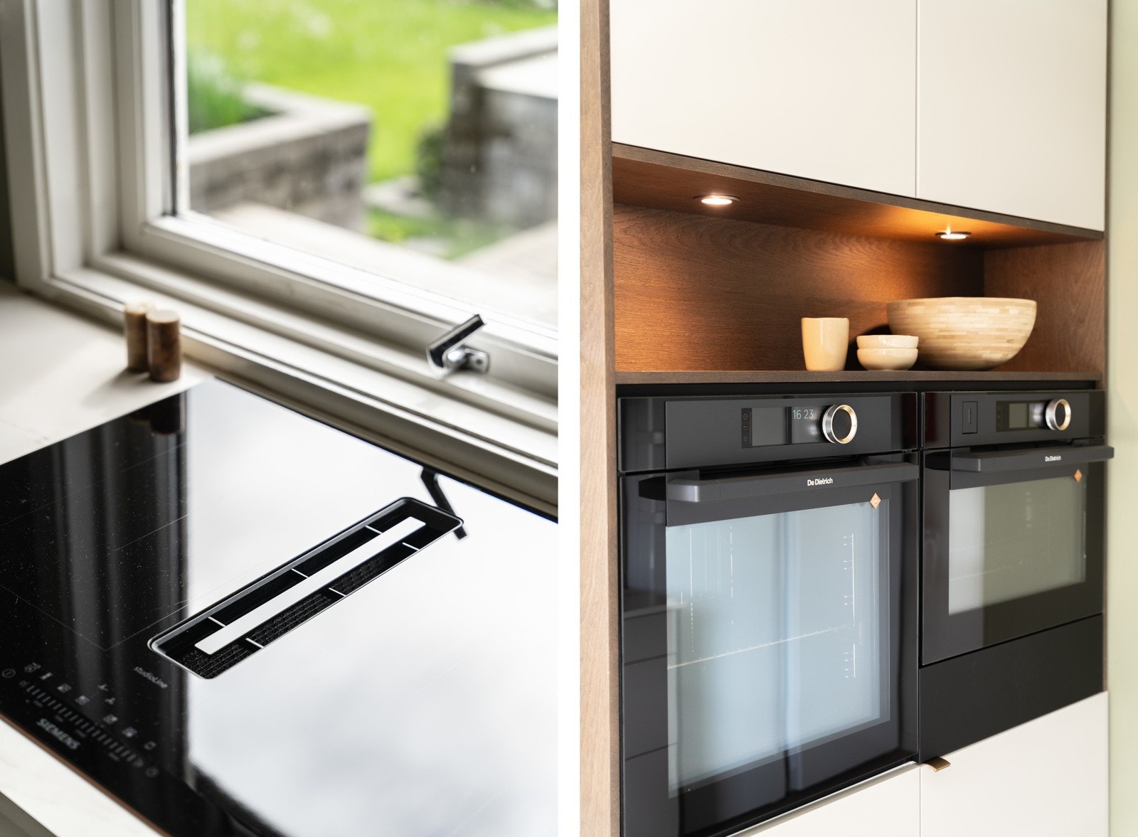 Kjøkkenet har en innredning med Keramikk benkeplate, Fronter i silk beige med mørk moderne eike elementer, down draft koketopp og to stekeovner. Galleribilde