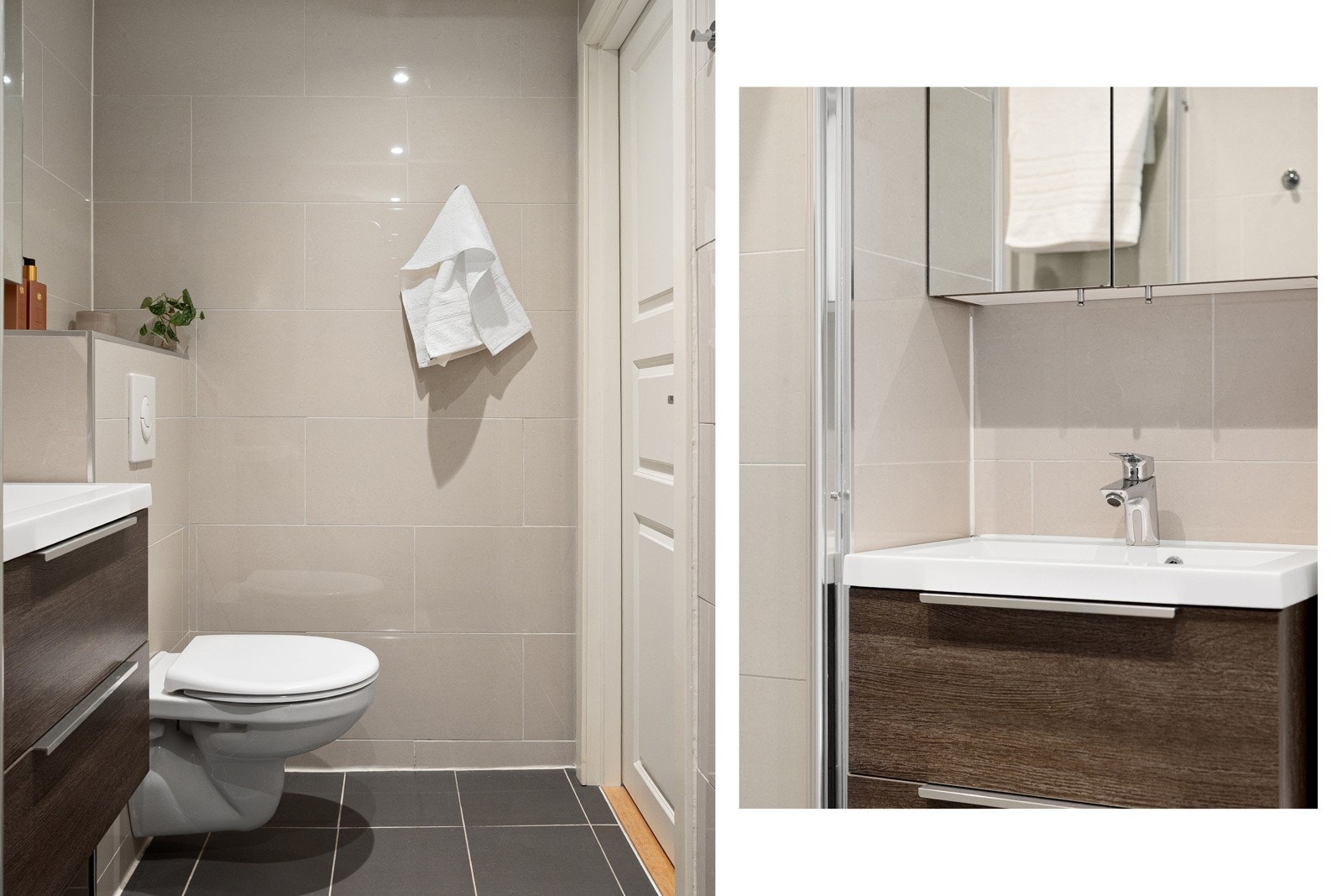 Lekkert bad med delikate flisvalg og godt utnyttelse av plassen. Galleribilde