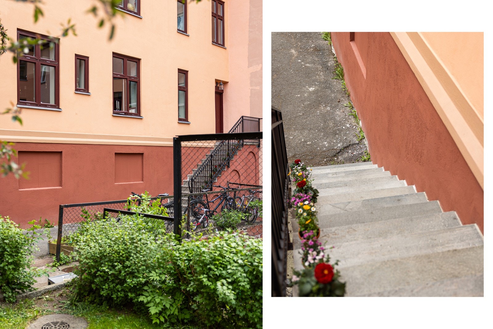 Det er omtrent 3 meter ned fra leilighetens vindu - boligen oppleves svært høy og skjermet! Trapp like utenfor døren rett ut i gårdsrommet. Galleribilde