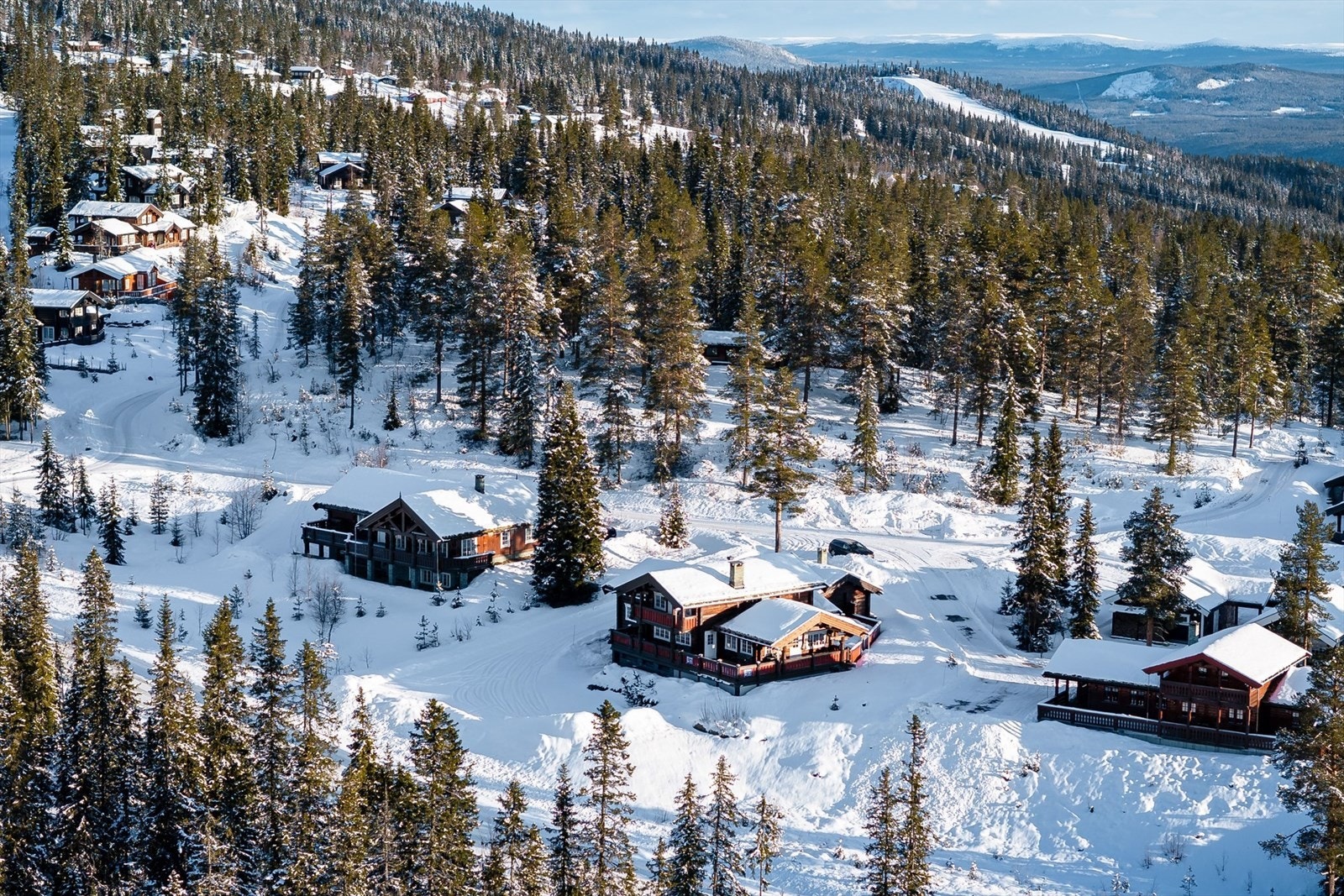 Hyggen har en åpen og fri beliggenhet på romslig tomt med hyggelig, skjermet terrasse mellom hovedhytte og uthus. Galleribilde