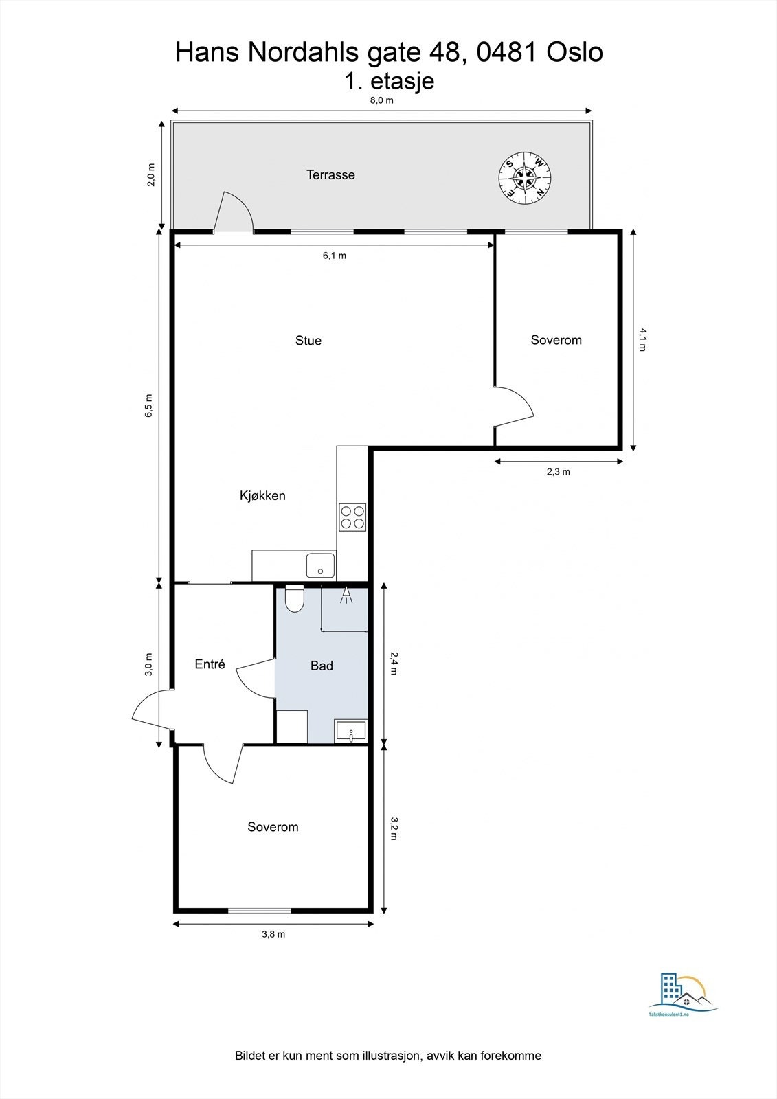 Leiligheten har en svært god planløsning. Legg spesielt merke til den fine stue/kjøkkenløsningen. Det er også mulighet til å sette inn en dobbeltseng på det minste soverommet, slik at dette rommet kan brukes som hovedsoverom om ønskelig. Galleribilde