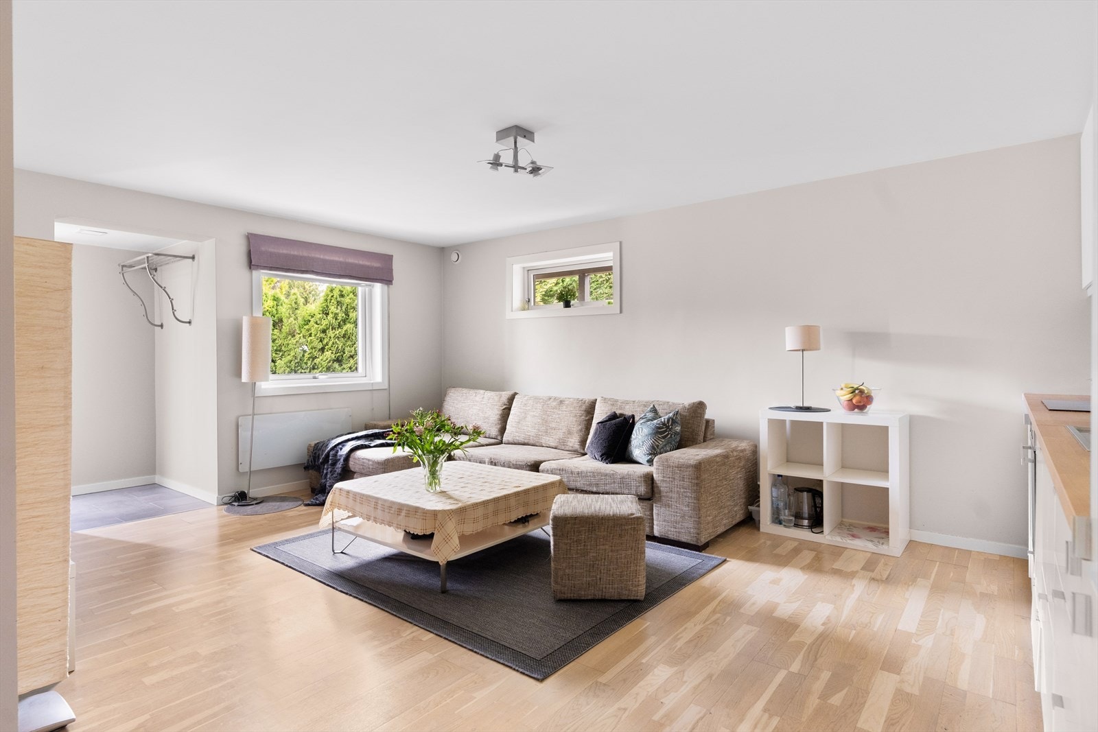 Det er plass til sofa, tv-bord og spisegruppe. Galleribilde