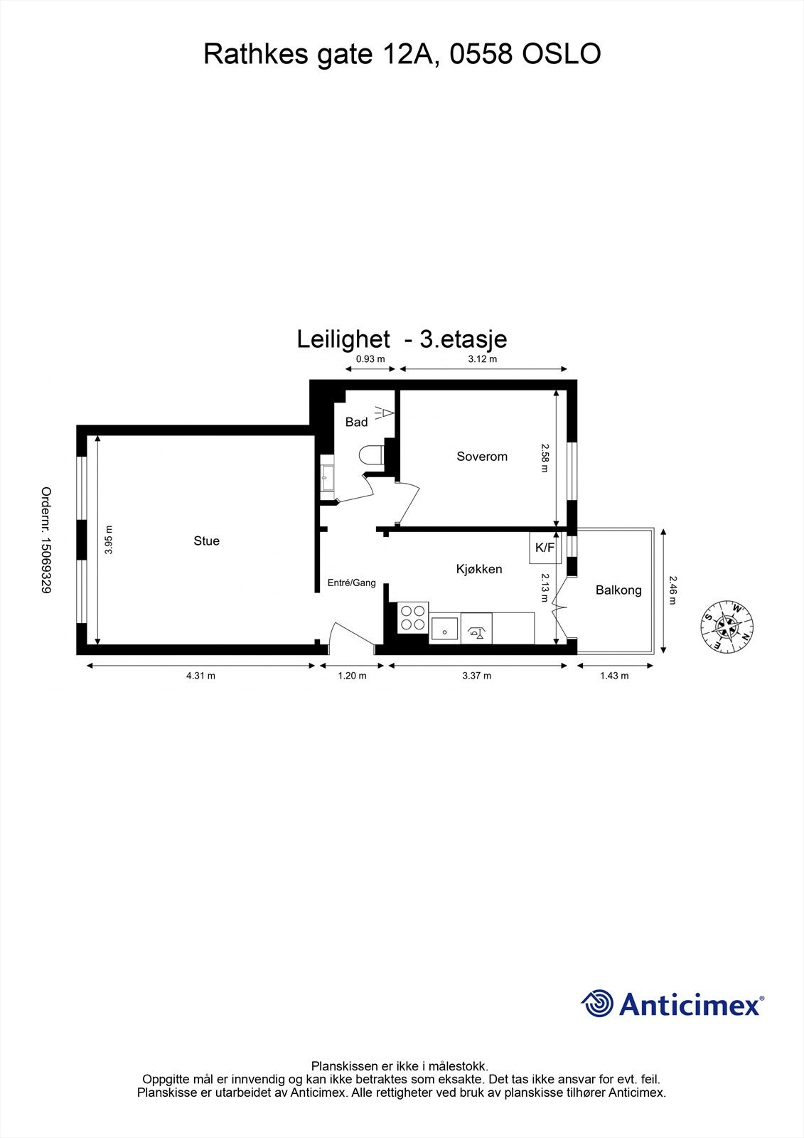 Plantegning. Entré/gang, stue, kjøkken, soverom og bad. I tillegg disponeres kjellerbod og loftsbod. Galleribilde