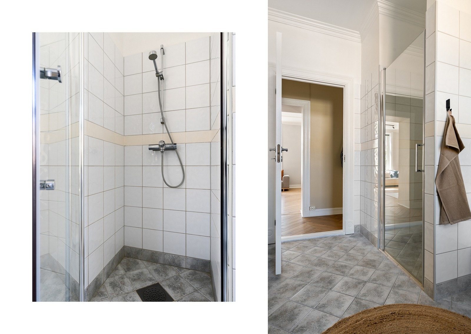 Øvrig innredning består av en nyere baderomsinnredning med skuffeseksjoner, toalett, speil og dusjnisje. Galleribilde