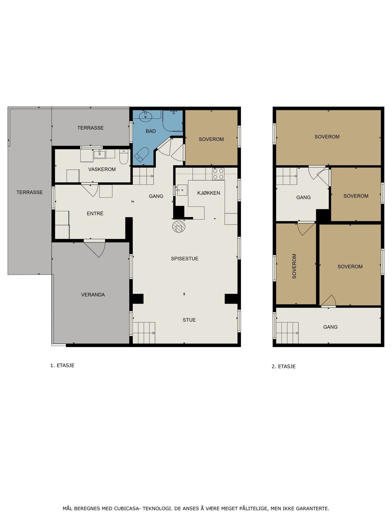 Karsvikveien 37. Plantegning begge etasjer. Det informeres at det ikke foreligger formell godkjenning på bygget mtp. bl.a. antall soverom. Galleribilde