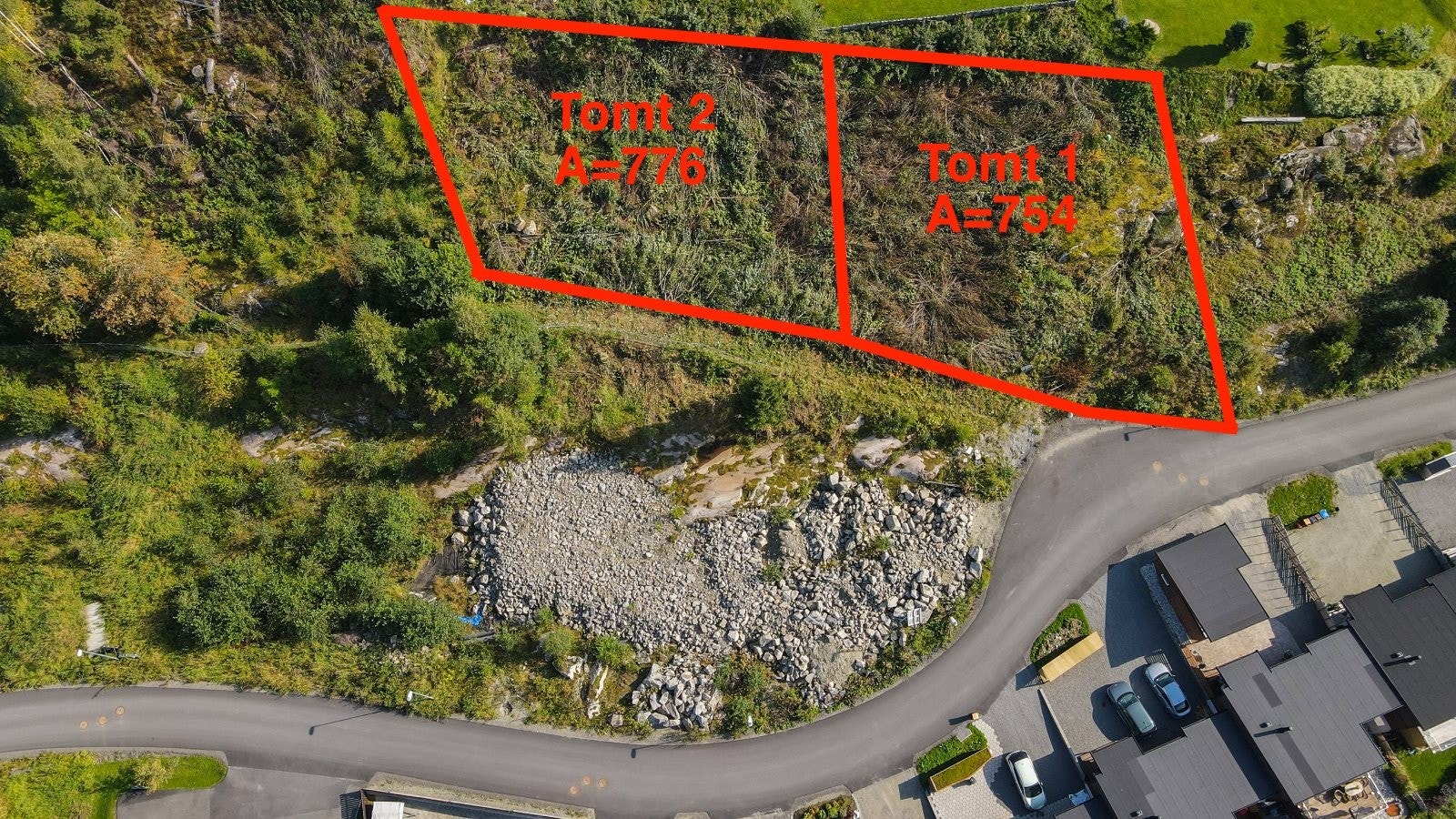 Oversiktsbiled med tomtegrense og areal. Galleribilde