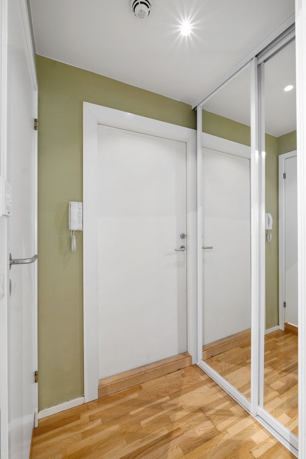 Hyggelig entré med god plass til sko og yttertøy i garderobe med speildører. Galleribilde