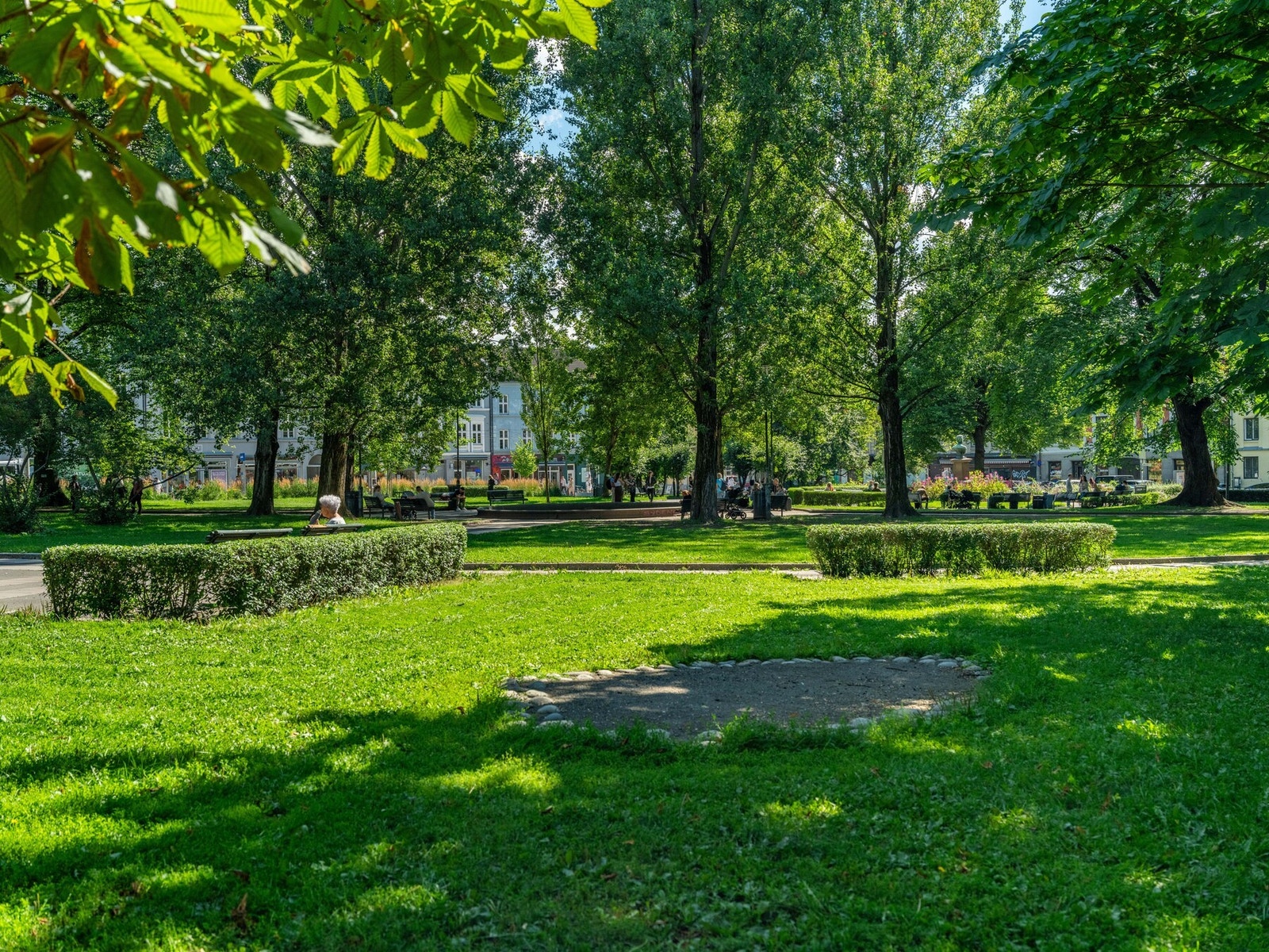 Parken på Olaf Ryes plass er grønn og fin, og inviterer til late dager med kaffekoppen. Galleribilde
