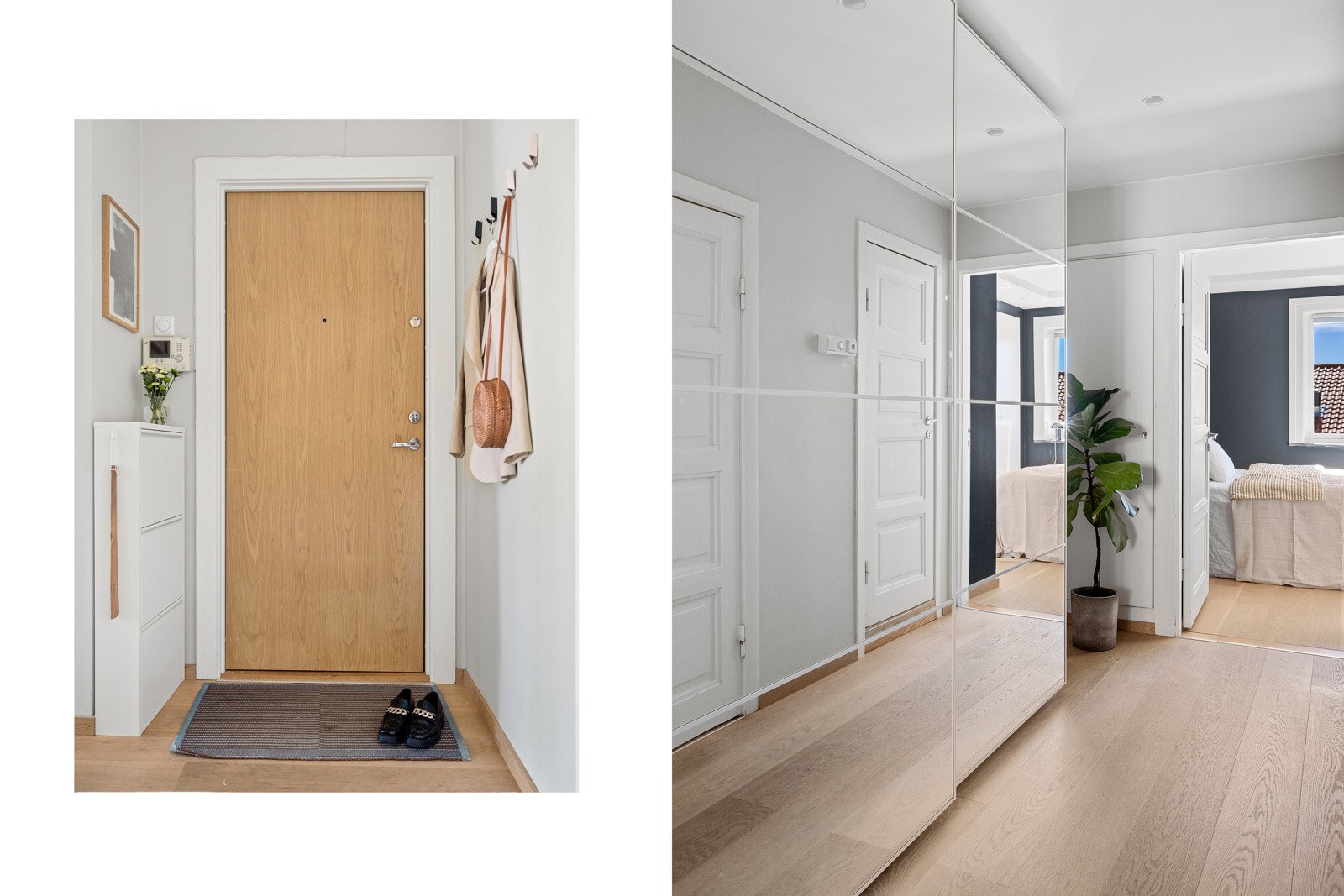 Entreen fremstår som innbydende, og er innredet med tidsriktige fargenyanser og en-stavs parkettgulv, samt downlights i himling. Yttertøy og sko kan pent lagres i en romslig skyvedørsgarderobe. Velkommen inn! Galleribilde