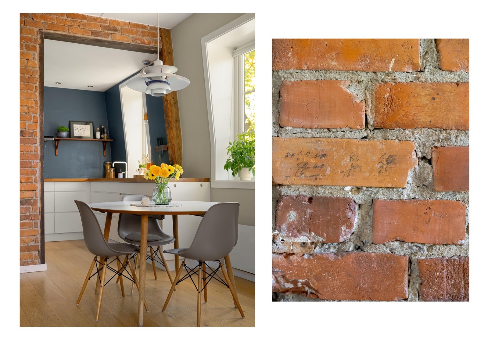 Da tidligere eier hentet frem den originale teglsteinen fant de skriblerier fra arkitekten. Bygget er fra 1912, så her er det bokstavelig talt historie i veggene. Galleribilde