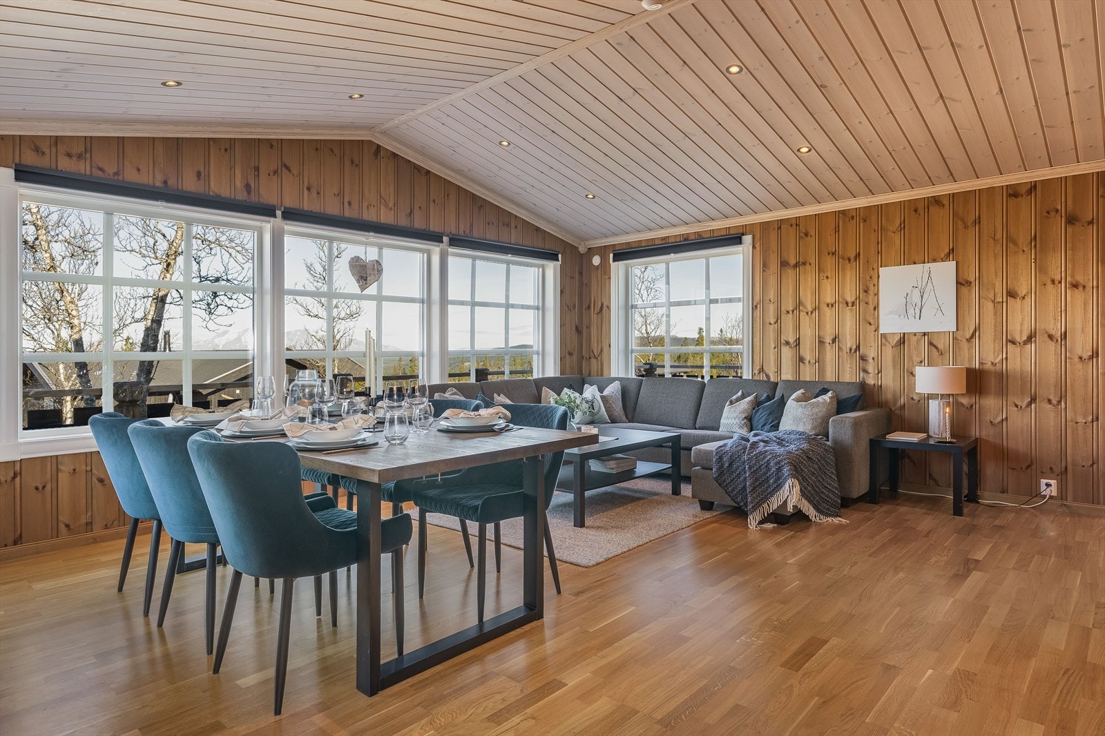 Stuen har fine fargevalg og downlights i himling. Galleribilde