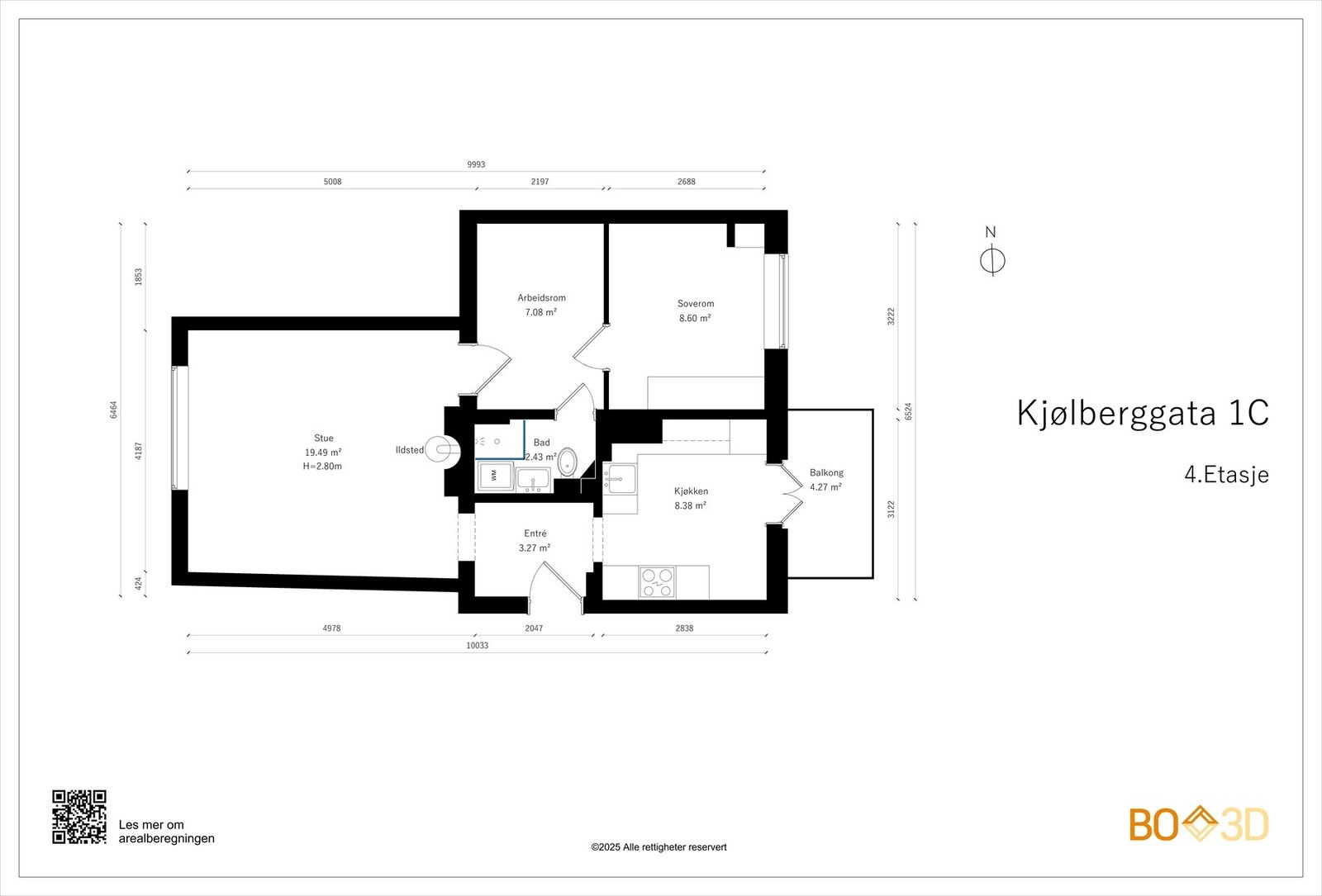 Vi starter med boligens planskisse slik at du får orientert deg litt. I tillegg til innvendige arealer disponerer leiligheten 2 boder. Galleribilde