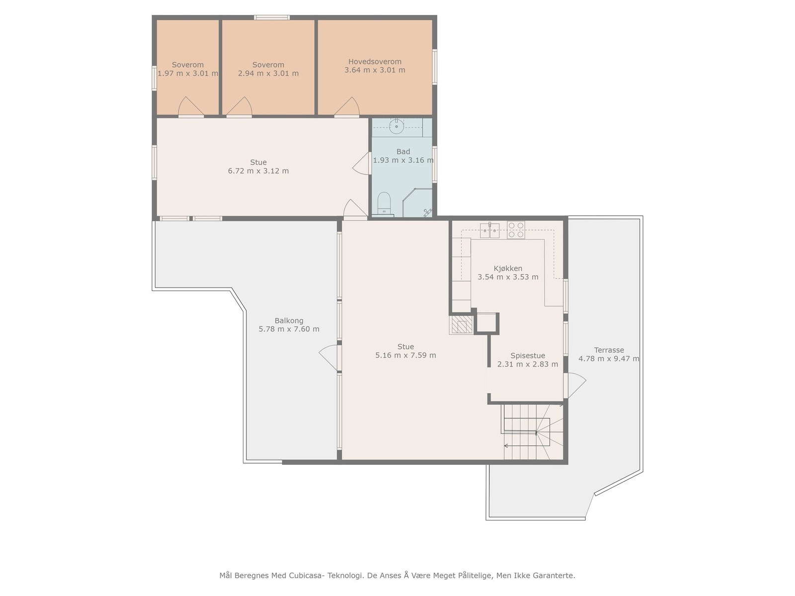 Plantegning 2. etasje - Amund Hellands vei 26 (OBS: Mål er ikke 100% nøyaktige). Galleribilde