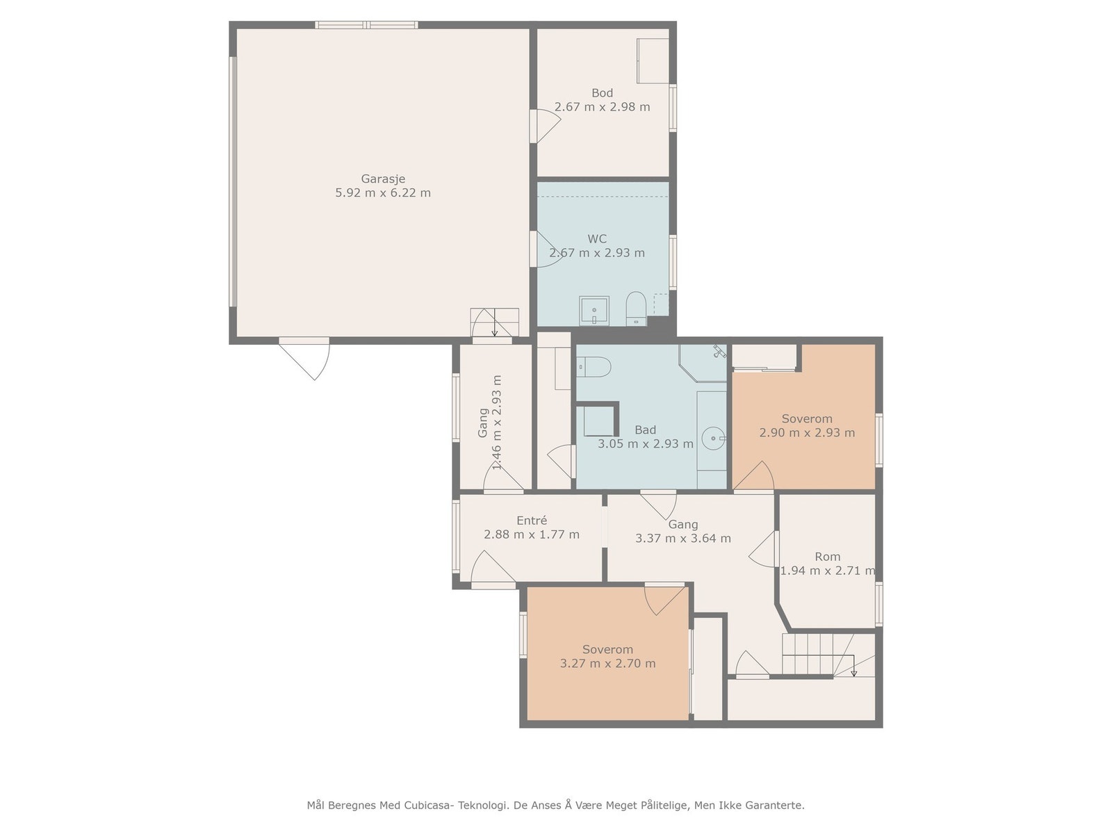 Plantegning 1. etasje - Amund Hellands vei 26 (OBS: Mål er ikke 100% nøyaktige). Galleribilde